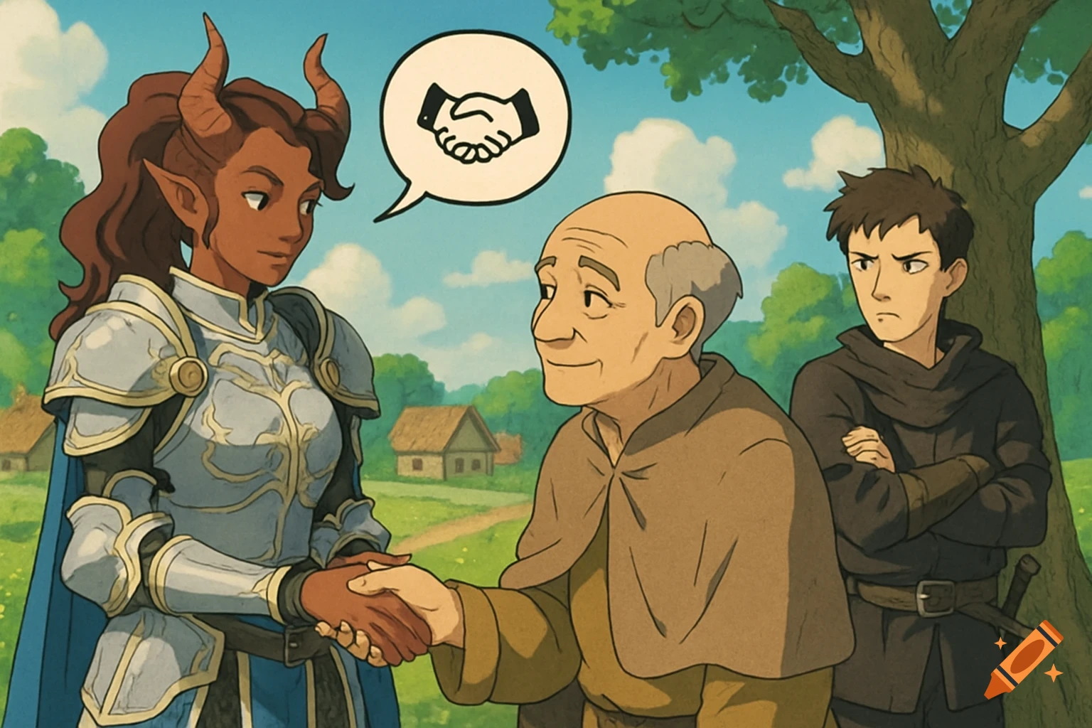 Ghibli-style art of a tiefling paladin shaking hands with an old man; a rogue watches disapprovingly in a village setting.