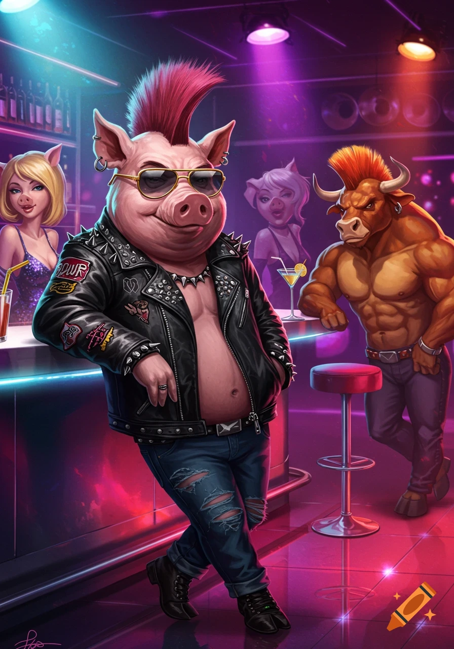 A cartoon punk rocker pig with a mohawk and sunglasses leans on a bar in a nightclub, with pig-women and a bull nearby.