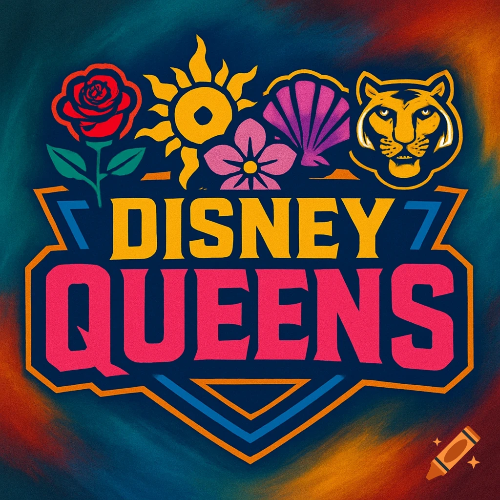 A colorful wrestling logo featuring "DISNEY QUEENS" text, with a rose, sun, flower, seashell, and tiger head symbols.