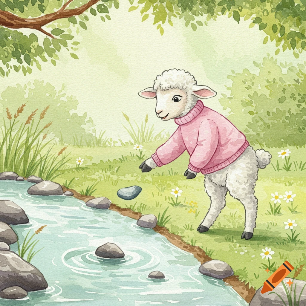 A watercolor illustration of a lamb in a pink sweater skipping stones in a stream.