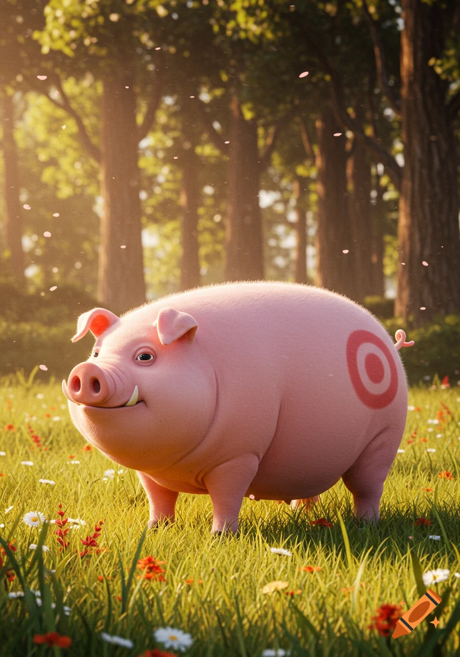 A cute pink pig with a red and white bullseye target on its back stands in a sunlit grassy field with trees and falling cherry blossoms.