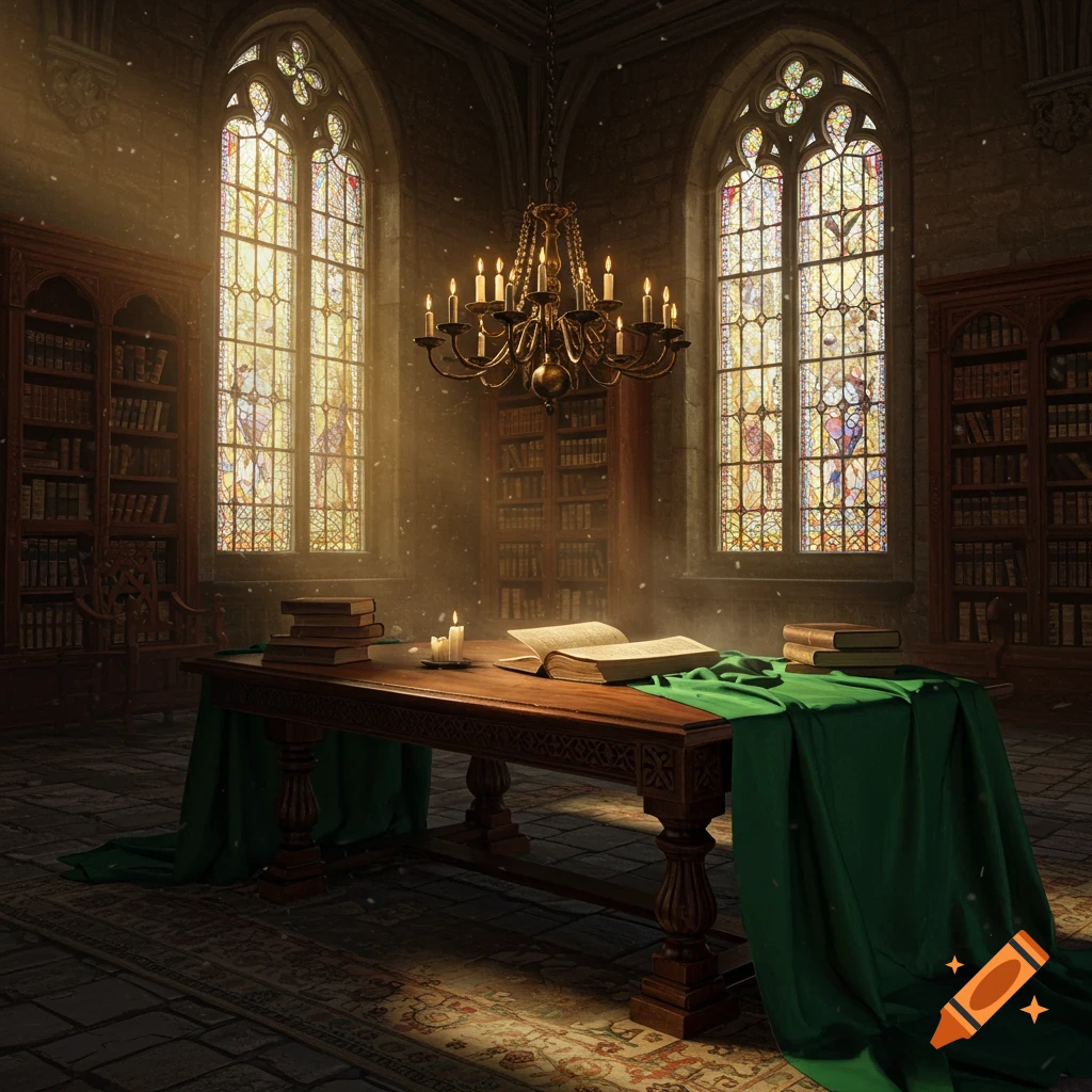 A grand gothic library with sunlit stained glass windows, a large table with books, and a chandelier.