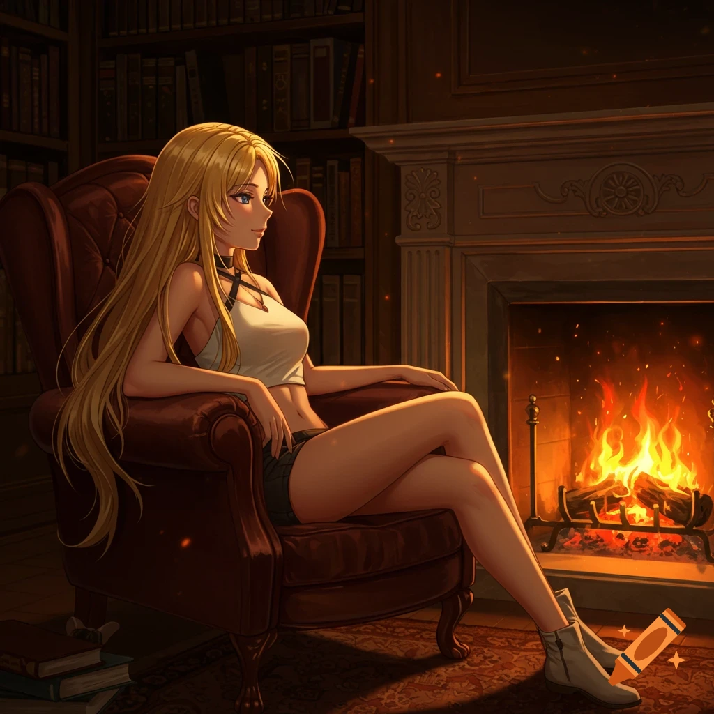 Anime lady with long blonde hair, crop top, and shorts, relaxing in an armchair by a fireplace in a library.