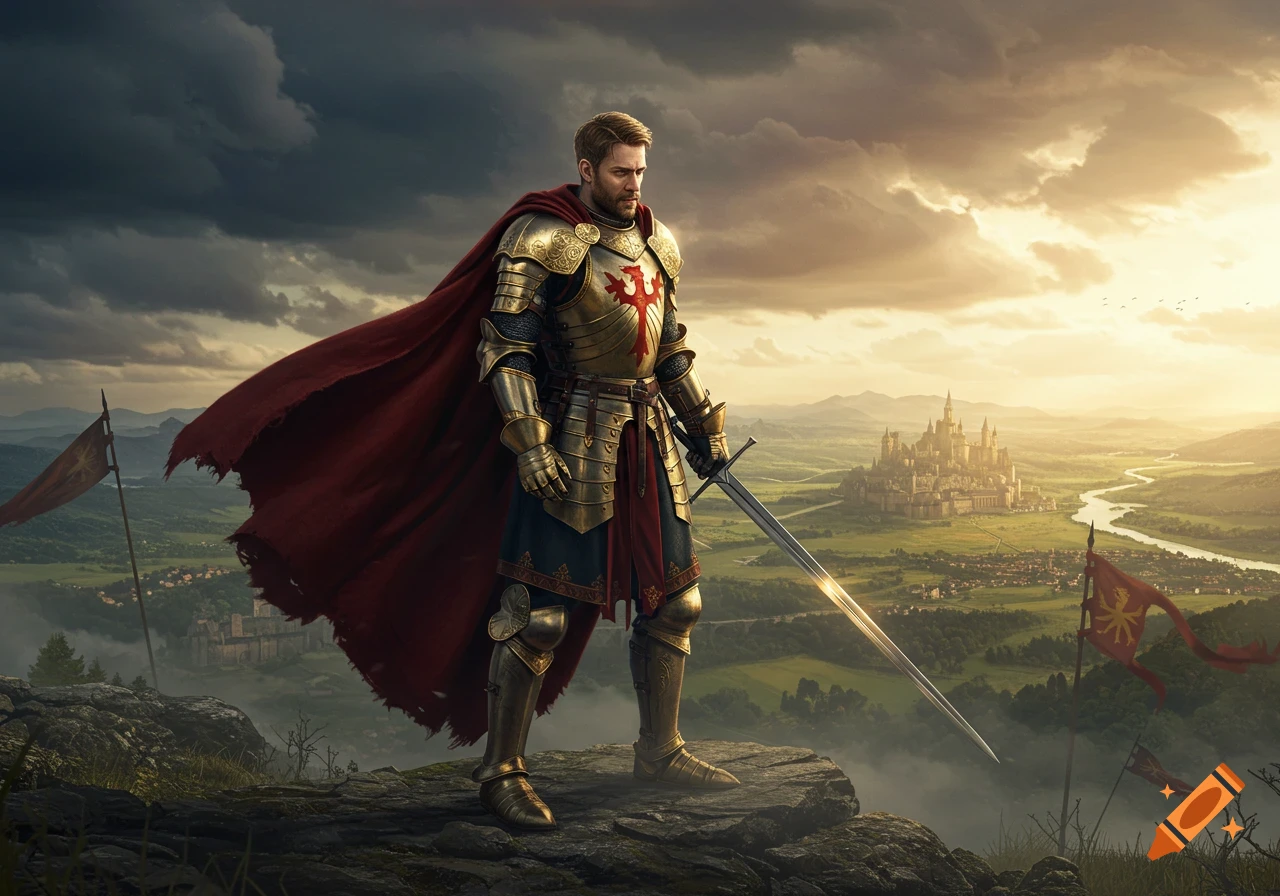 A knight in golden armor and red cape stands on a rocky cliff, sword in hand, overlooking a fantasy kingdom with a castle at sunset.