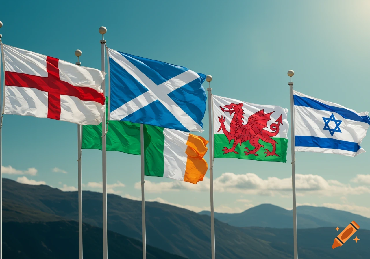 Photorealistic image of the flags of England, Scotland, Ireland, Wales, and Israel flying against a blue sky with mountains.