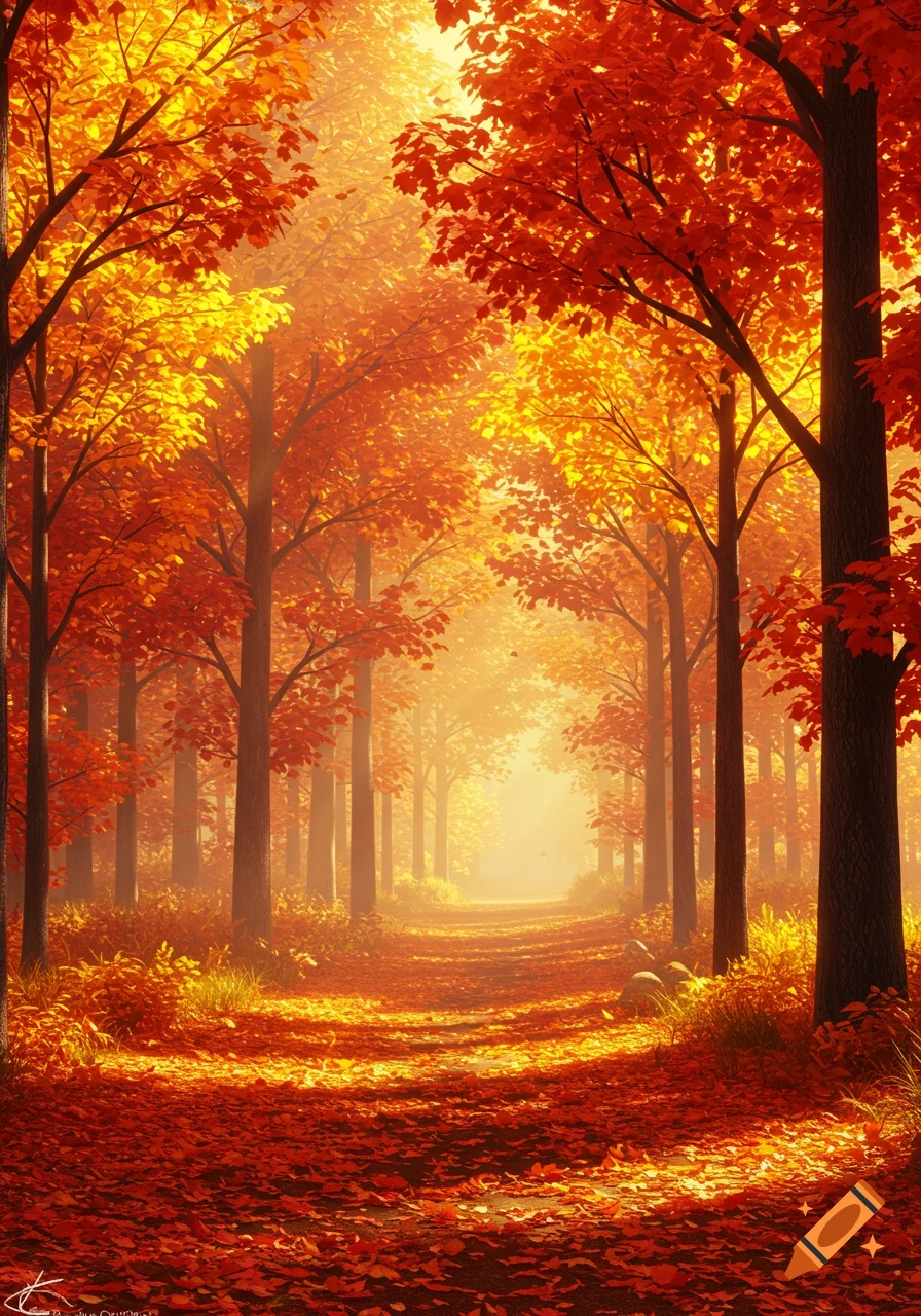 A path covered in bright orange and yellow fallen leaves leads through a sunlit autumn forest.