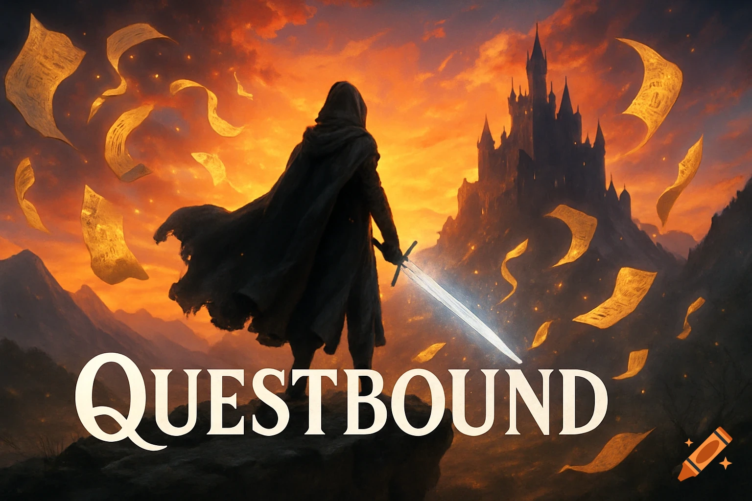 A cloaked hero with a glowing sword on a cliff overlooking a fantasy castle and mountains at sunset, with floating scrolls. Text: QUESTBOUND.
