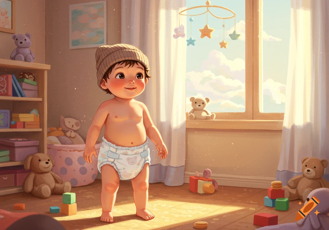 A cute, smiling baby in a diaper and knit hat stands in a sunlit nursery filled with toys, in an illustrated style.
