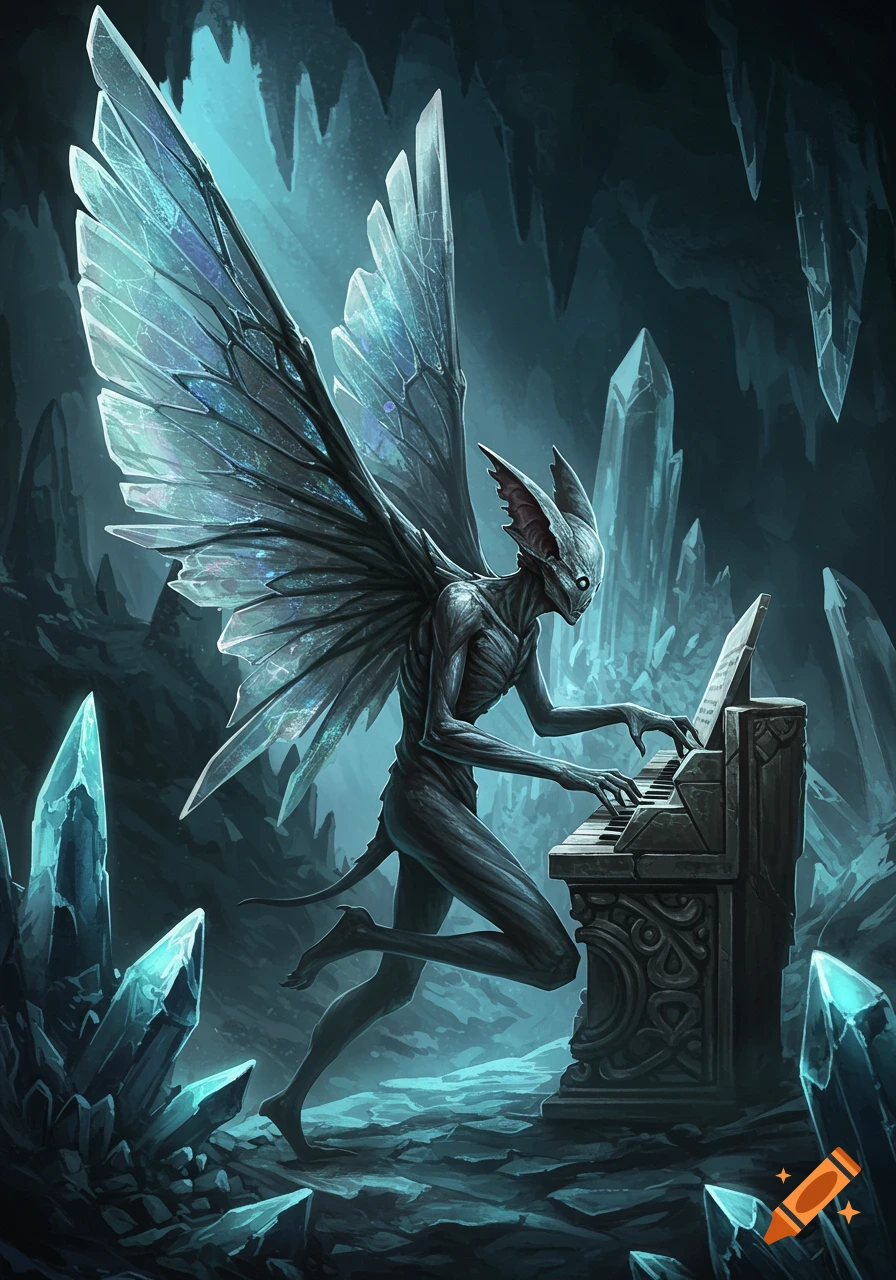 A winged, bat-like creature plays a stone keyboard amidst glowing crystals in a dark cave, digital art.