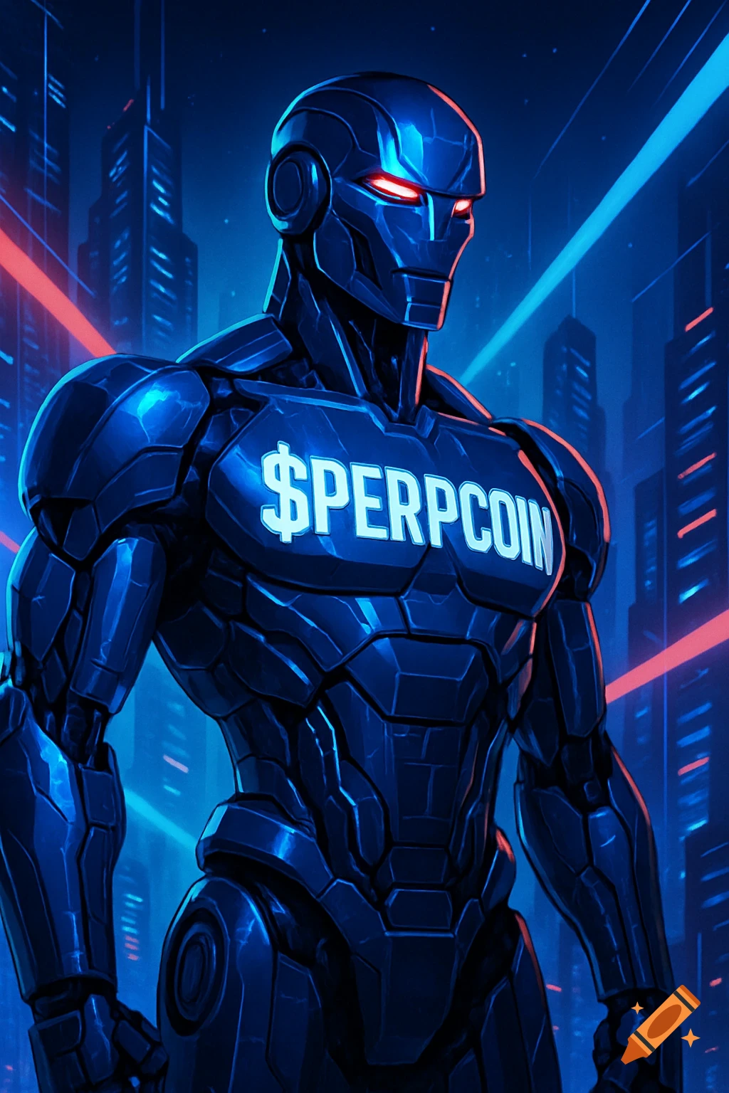 A blue armored robot with glowing red eyes stands in a futuristic city, with "$PERPCOIN" glowing on its chest.