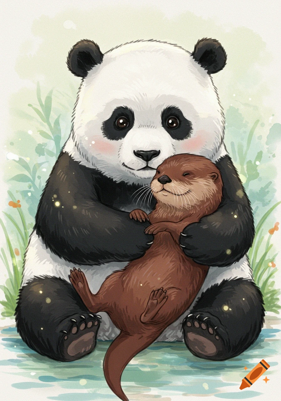 A cute panda hugging an otter in a soft watercolor illustration.