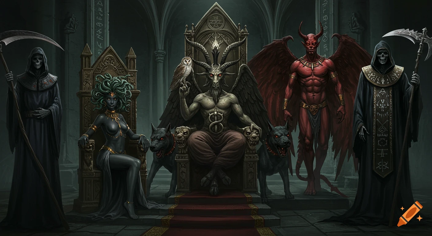 Baphomet, Medusa, Beelzebub, and the Grim Reaper in a gothic hall with demonic dogs and an owl, fantasy art.
