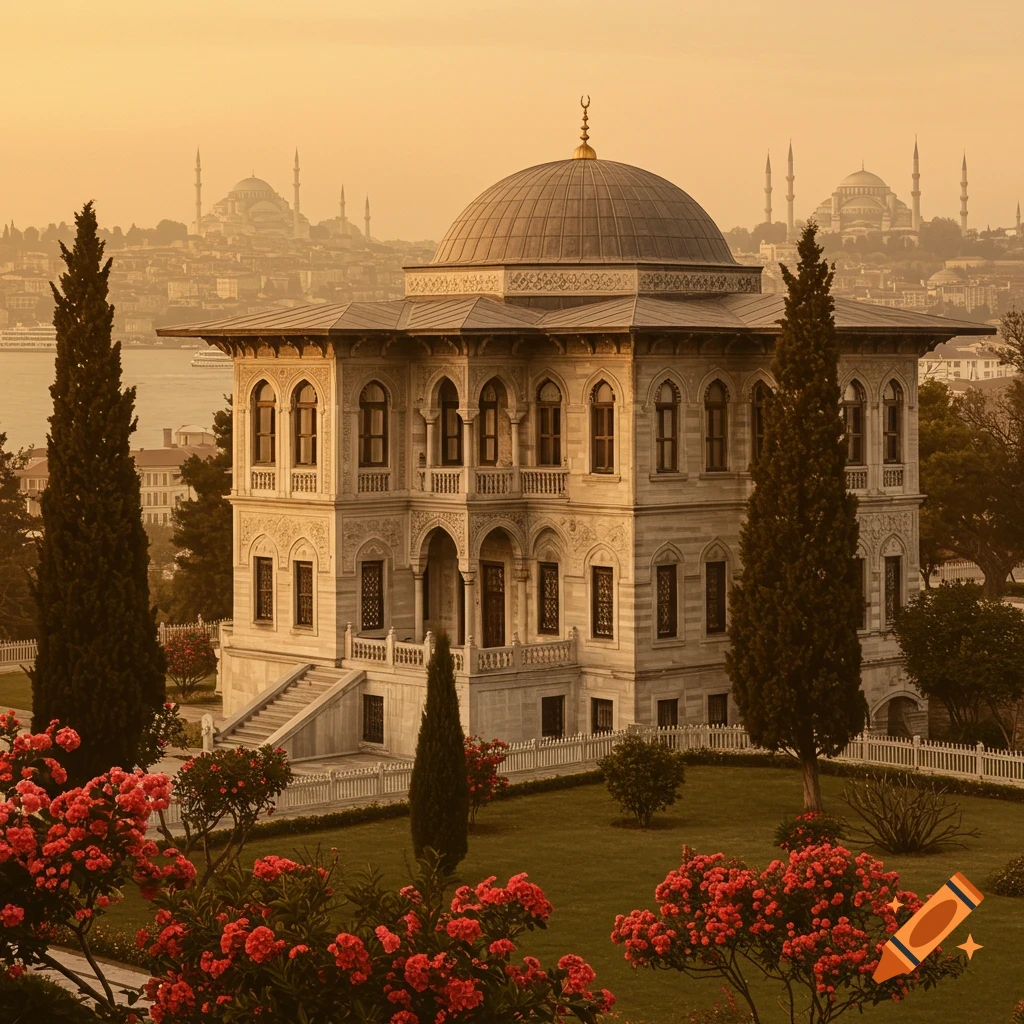 An ornate Ottoman mansion with a dome, surrounded by gardens with red flowers, overlooking the Istanbul cityscape at sunset.