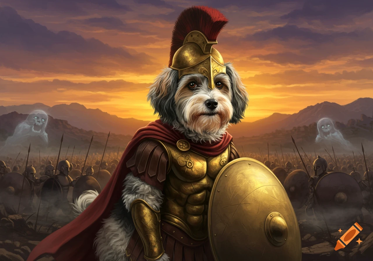 A Havanese dog as a Spartan warrior in gold armor and red cape, holding a shield on a battlefield with soldiers and ghosts at sunset.