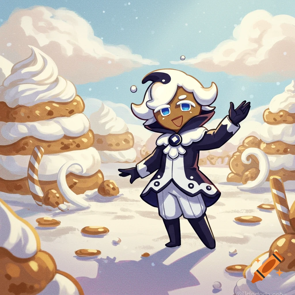 A cheerful stylized character, Shadow Milk Cookie, in a black and white winter outfit, stands in a snowy landscape with giant dessert-like structures.