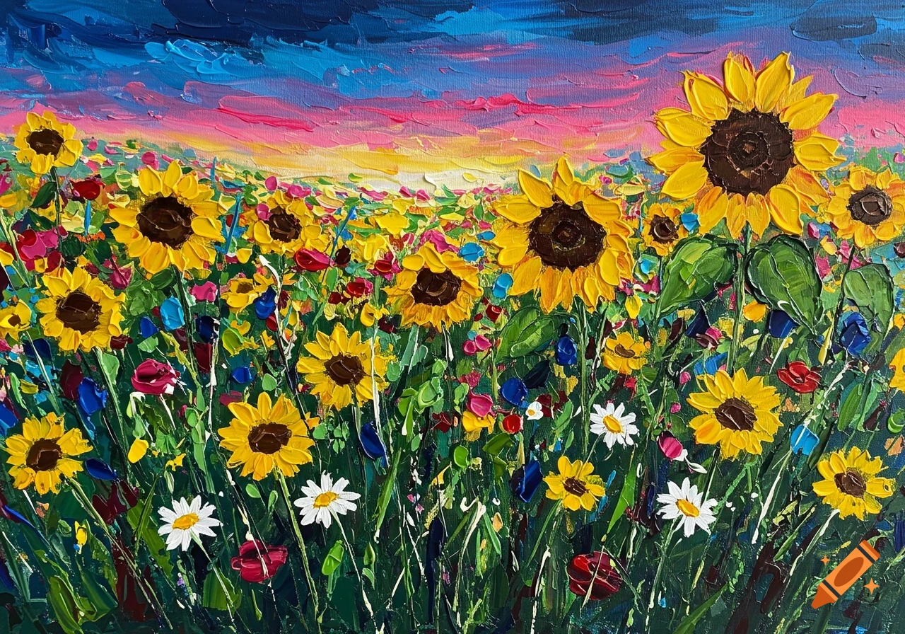 Vibrant abstract expressionist painting of a sunflower meadow with wildflowers under a colorful sunset sky.