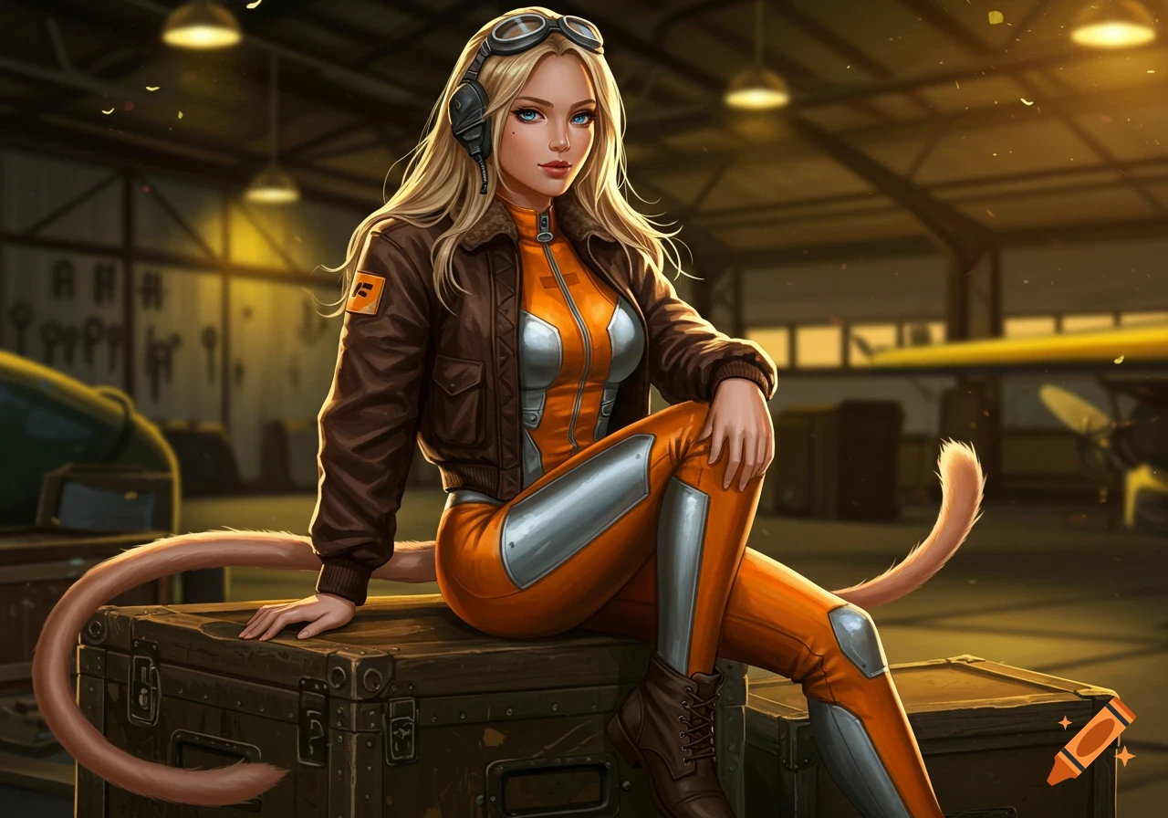 A blonde woman with blue eyes and a tail, wearing an orange flight suit and brown bomber jacket, sits on crates in a hangar.