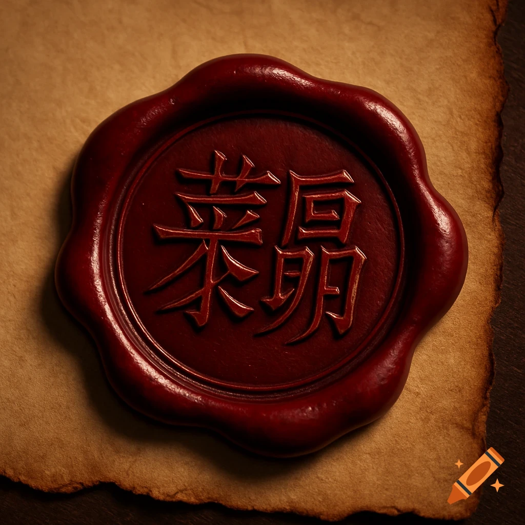 Photorealistic red wax seal with Chinese characters '莱昂' embossed on vintage parchment paper.