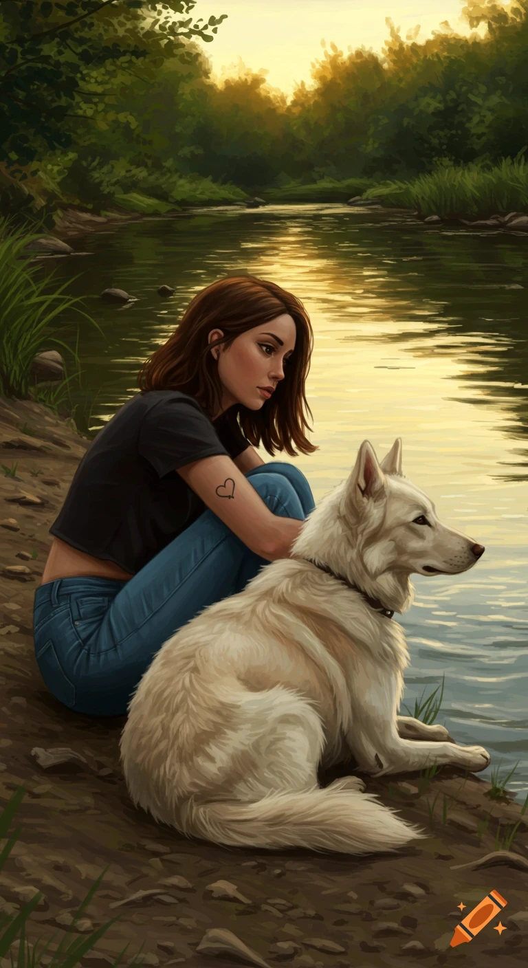 An illustrated scene of a woman and a white dog sitting by a river at sunset, surrounded by green trees.