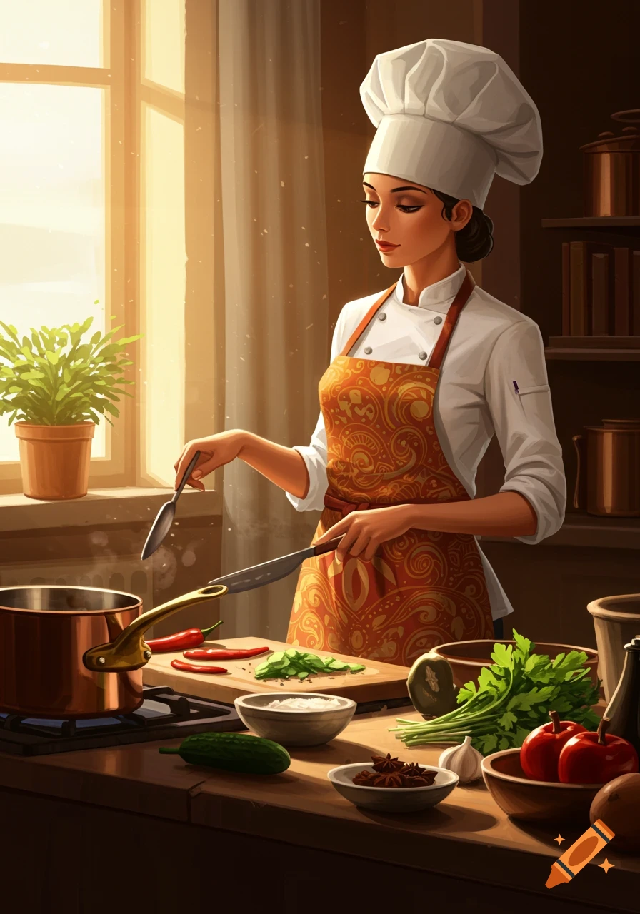 A woman chef in an apron and toque hat cooks in a sunlit kitchen, chopping vegetables on a wooden board.