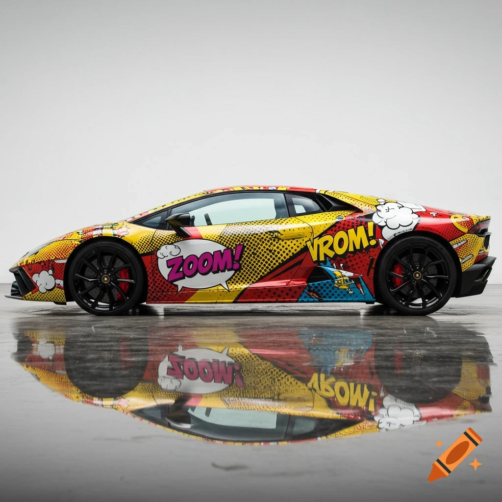 A yellow and red Lamborghini with a pop art car wrap, featuring 'ZOOM!' and 'VROM!' comic book text, on a reflective surface.