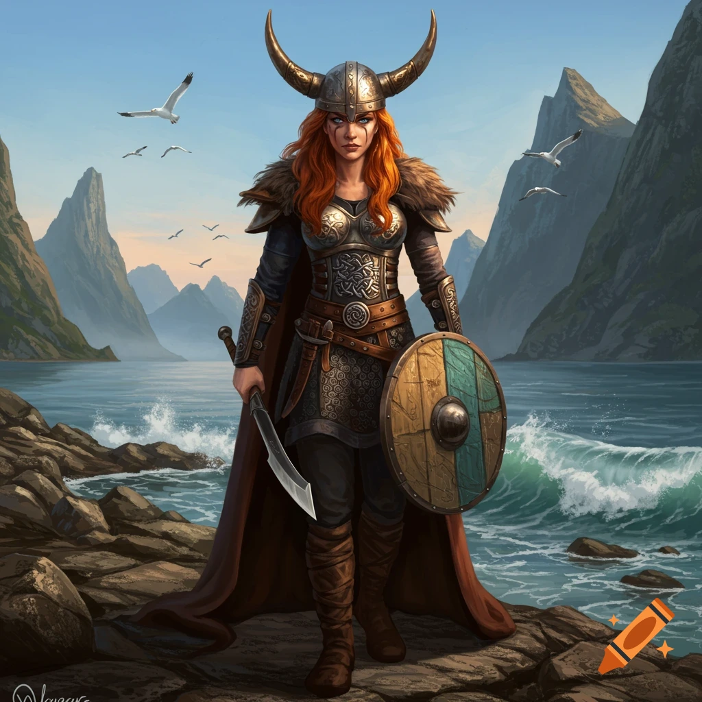 A red-haired female Viking warrior in armor, holding a sword and shield on a rocky coast with mountains and ocean.