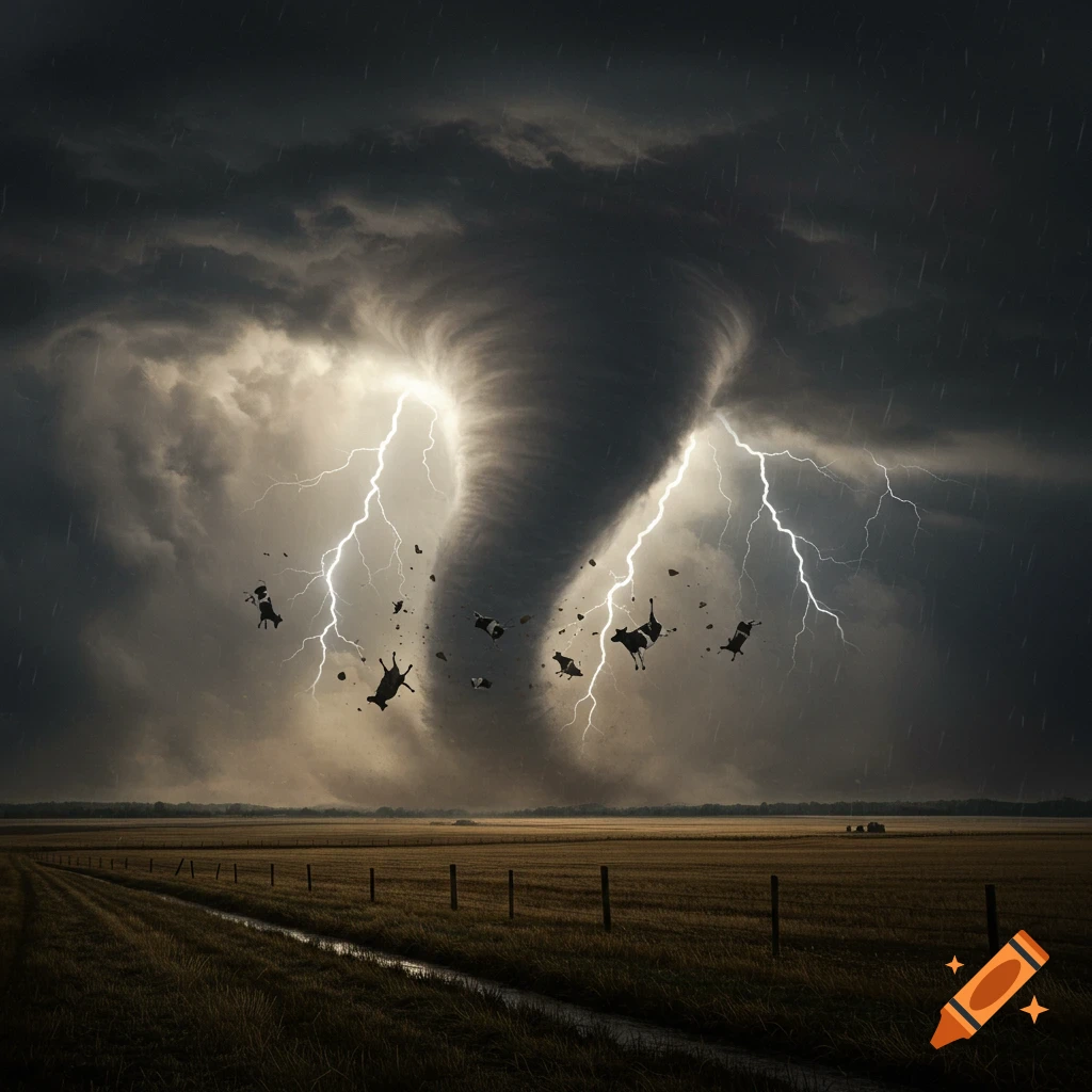 A dramatic photorealistic image of a powerful tornado with lightning striking over a rural field, cows flying into its funnel.