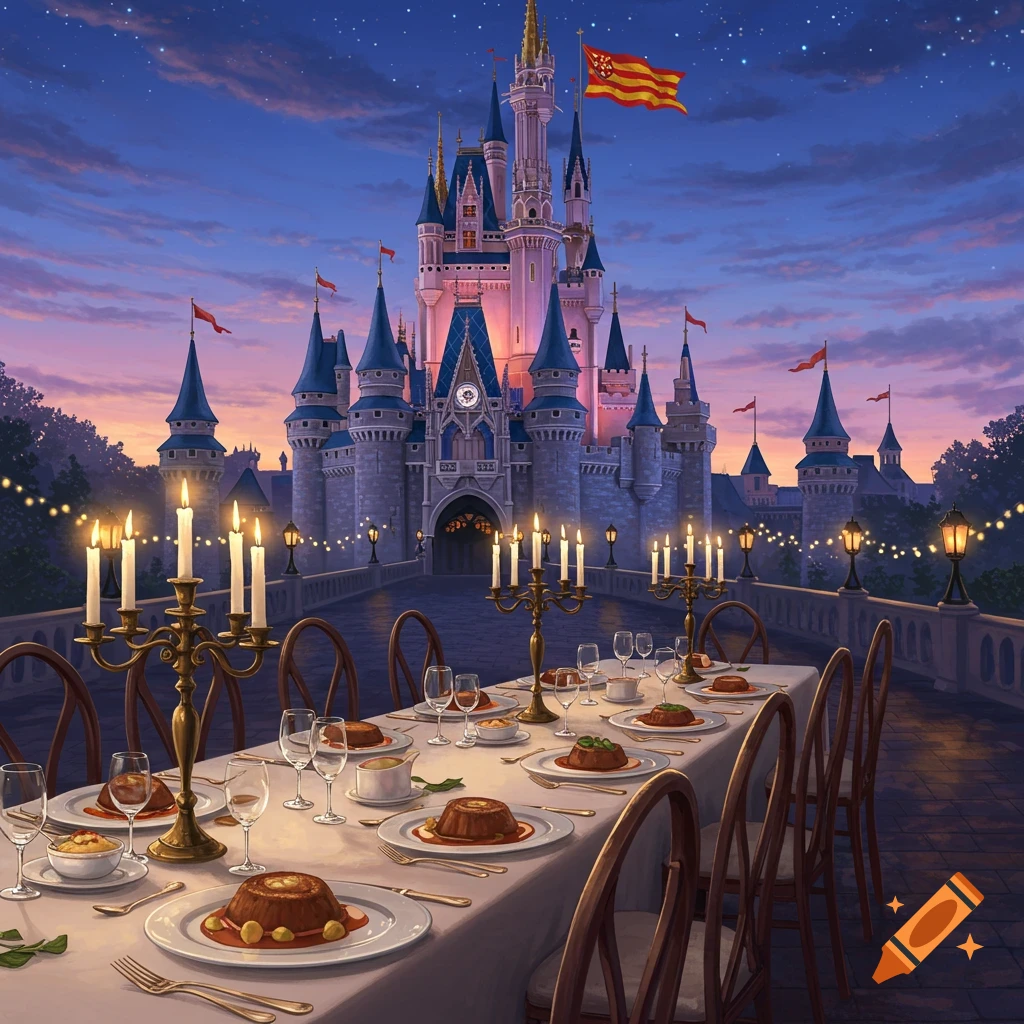 A long, elegant dining table set with candelabras and individual dessert plates sits before a large, majestic castle at twilight. A Catalan flag flies atop the main tower.