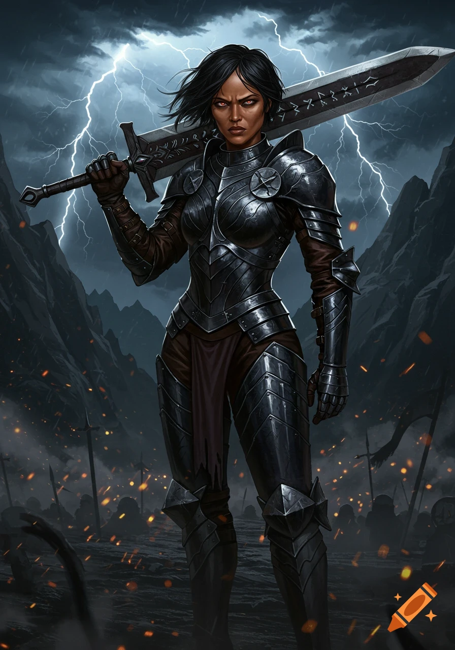 A dark-skinned female knight in black armor with red eyes stands on a burning battlefield, holding a large sword as lightning flashes.