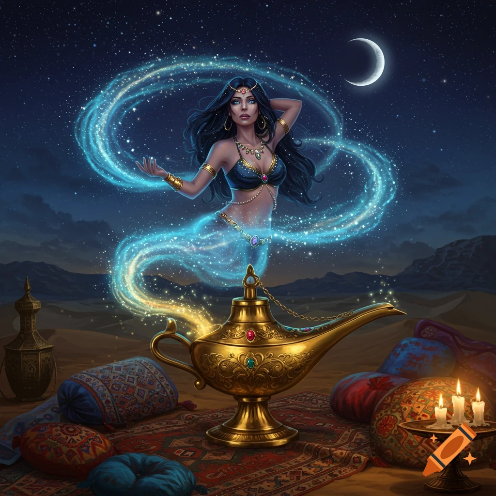 A beautiful genie with dark hair and blue skin emerges from a golden lamp in a magical desert night scene, under a starry sky and crescent moon.