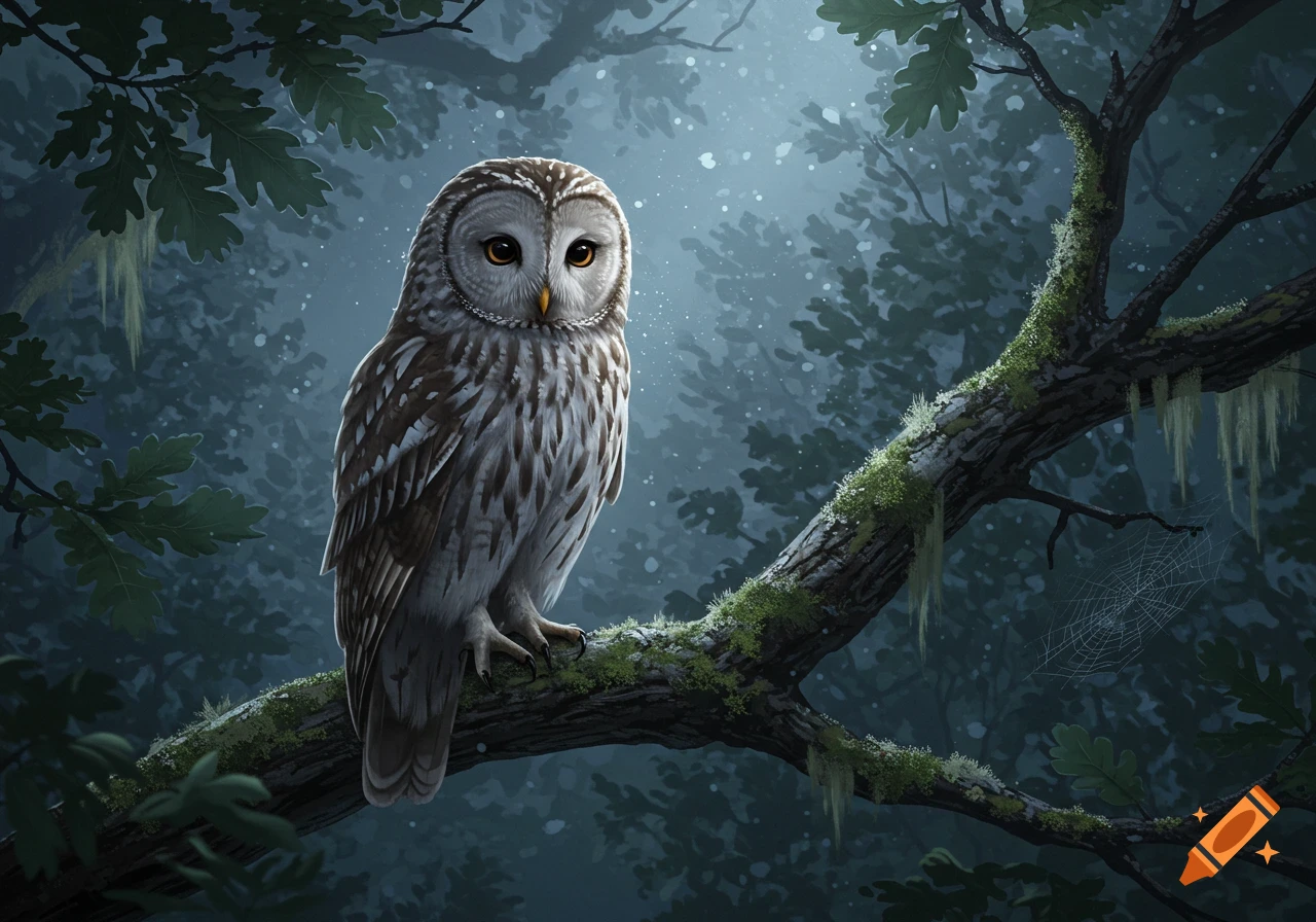 A beautiful owl with light brown and white feathers sits on a mossy oak branch in a dark, misty forest.