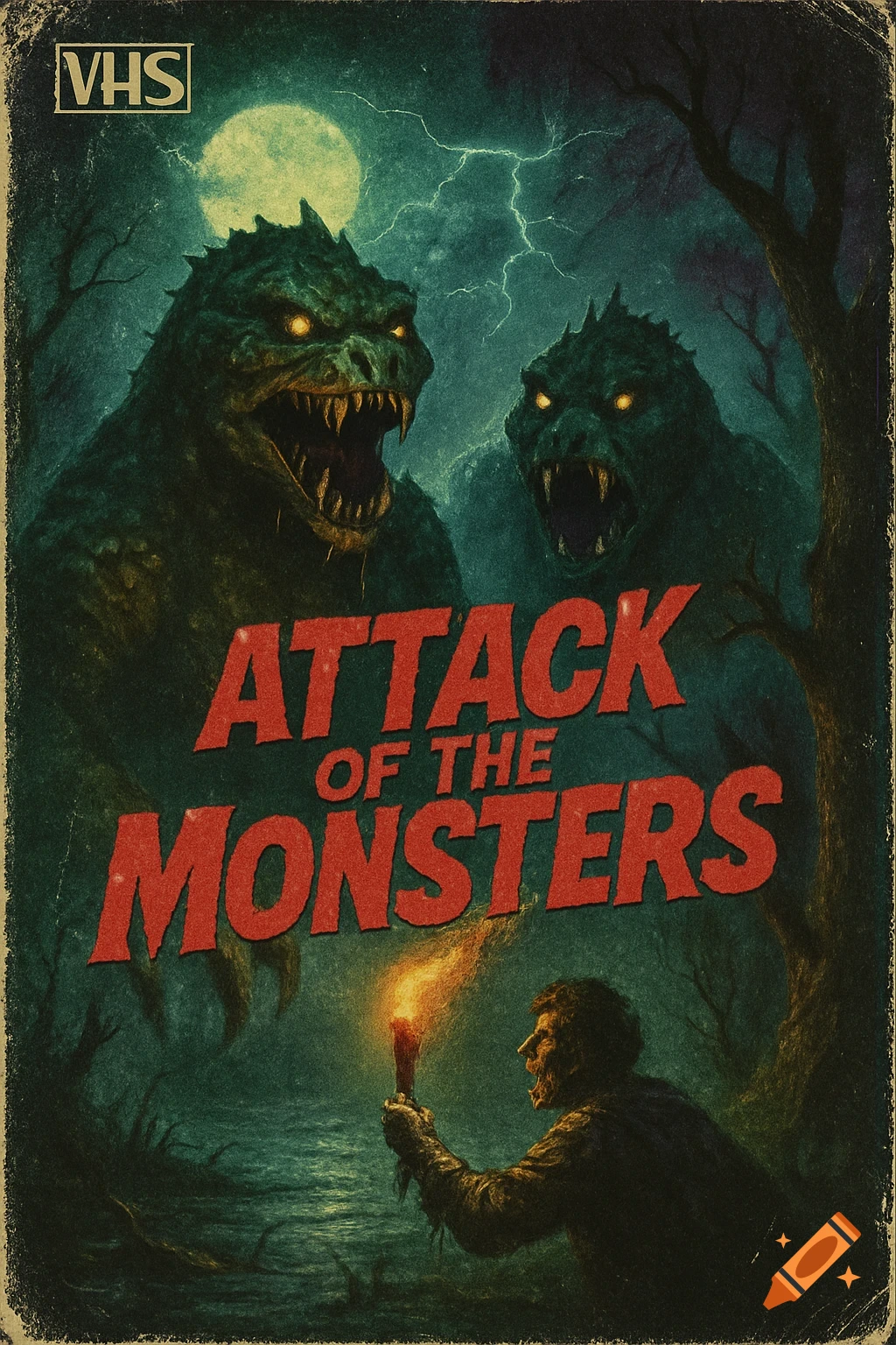 A vintage horror movie poster features two large, roaring reptilian monsters under a full moon with lightning, and a man holding a torch.