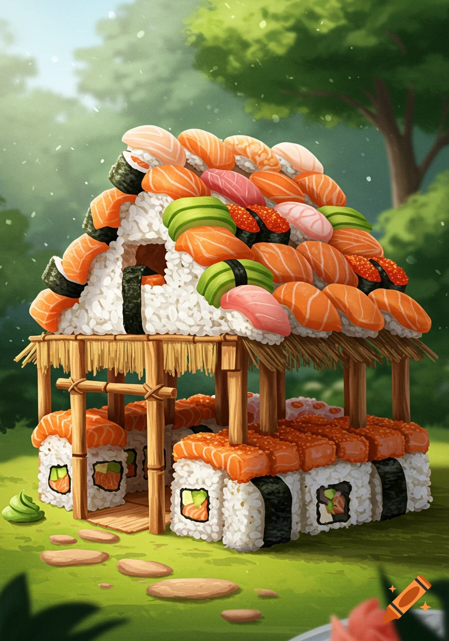 Whimsical cartoon illustration of a house made entirely of sushi, set in a green, grassy landscape.