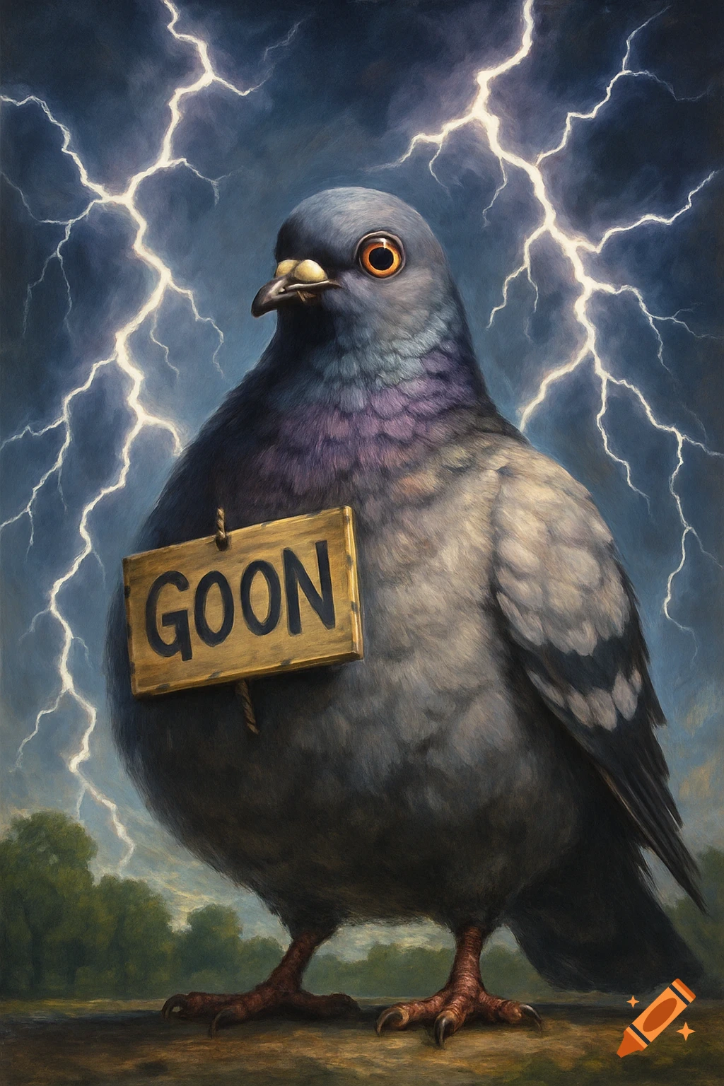 A fat pigeon wearing a 'GOON' sign against a stormy sky with lightning, in a painterly style.