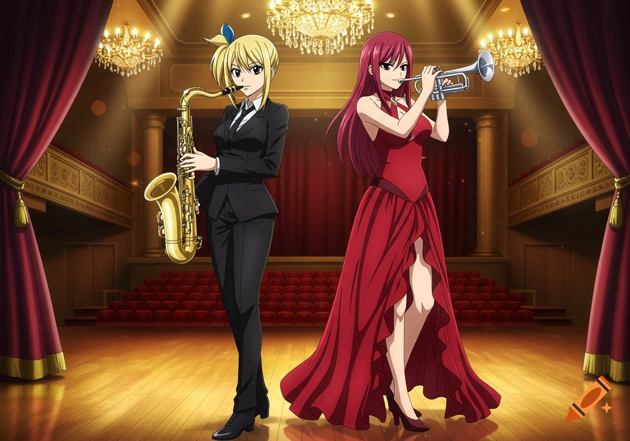 Anime women Lucy Heartfilia in a suit playing saxophone and Erza Scarlet in a red gown playing trumpet on a concert stage.
