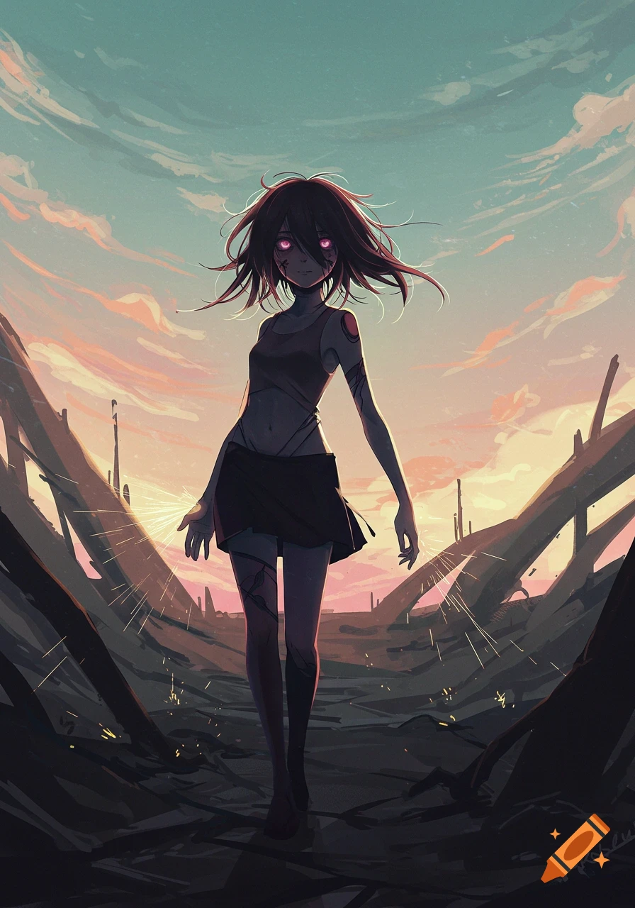 An anime girl with dark hair and glowing pink eyes walks through a desolate, ruined landscape at sunset, wearing a tank top and skirt.