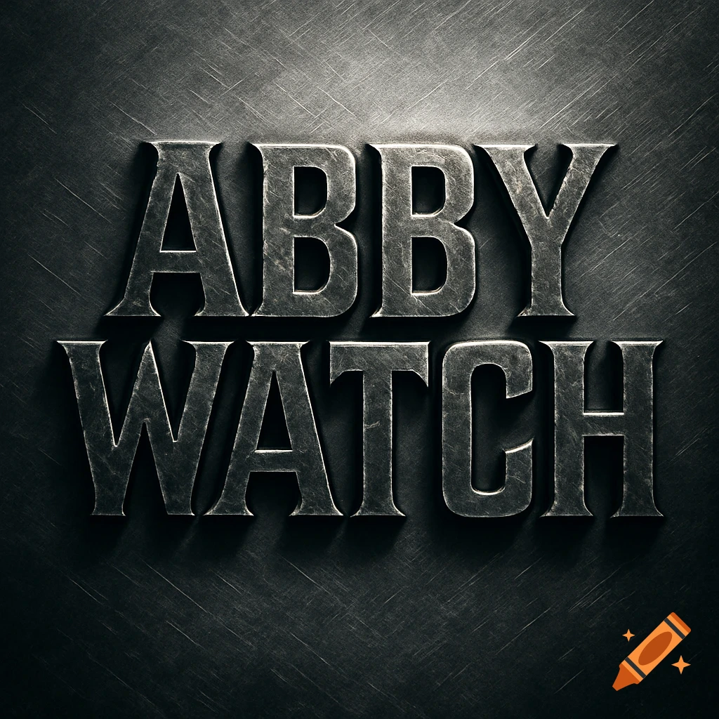 The words 'ABBY WATCH' rendered in embossed metallic letters on a dark, scratched metal background.