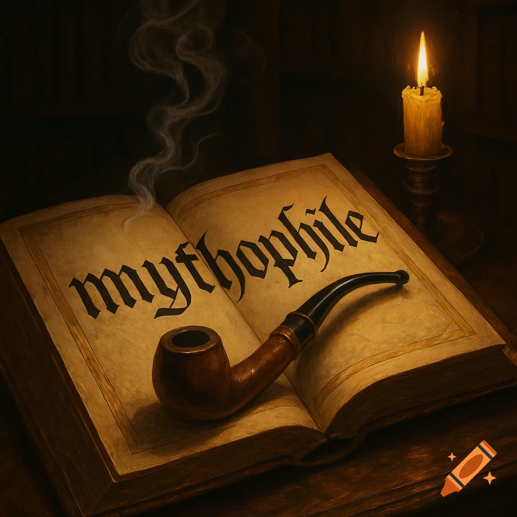 An open old book with 'mythophile' text, a smoking pipe, and a lit candle in a dark, sophisticated setting.