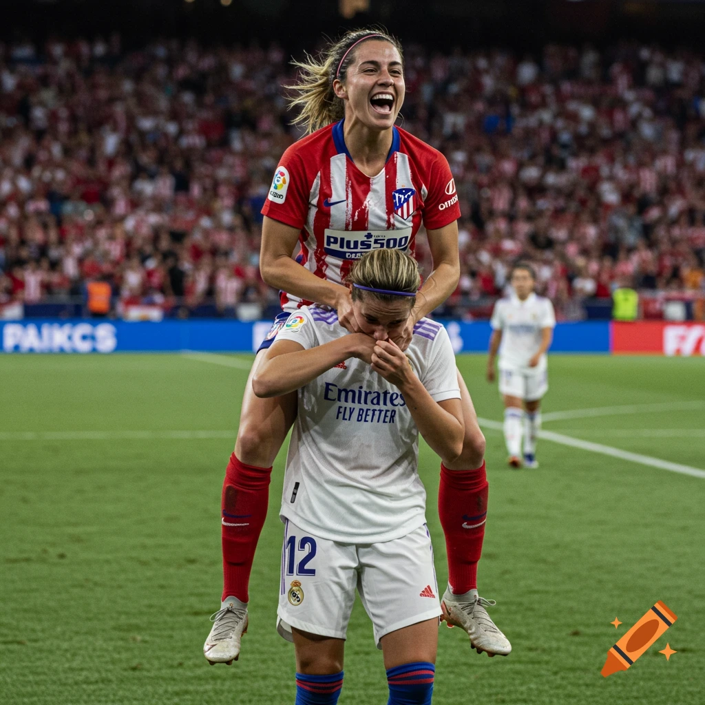 A happy woman soccer player in a red and white jersey carries a player in a white jersey on her shoulders in a stadium.