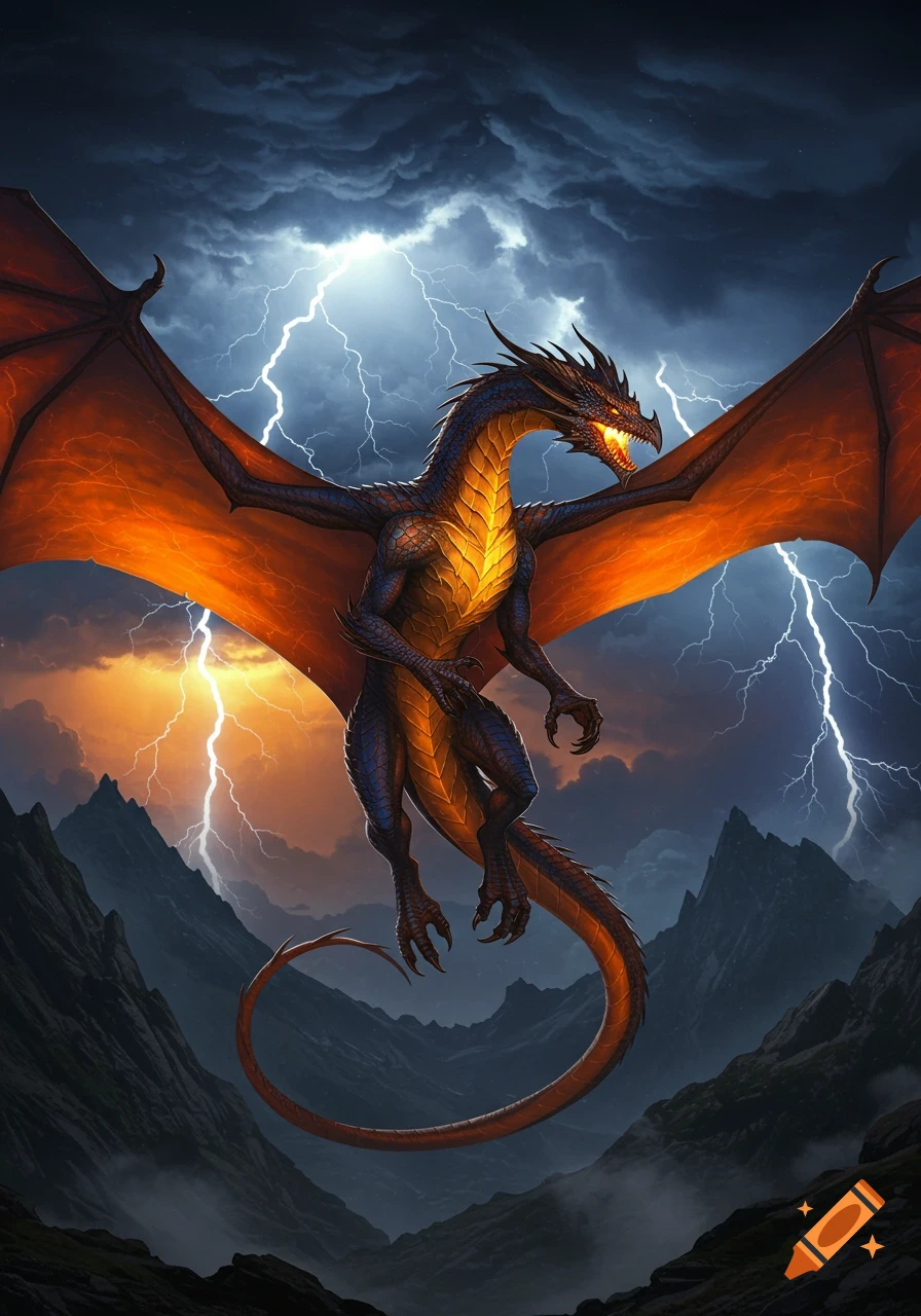 A powerful blue and orange dragon with glowing eyes flies through a stormy mountain sky filled with lightning.
