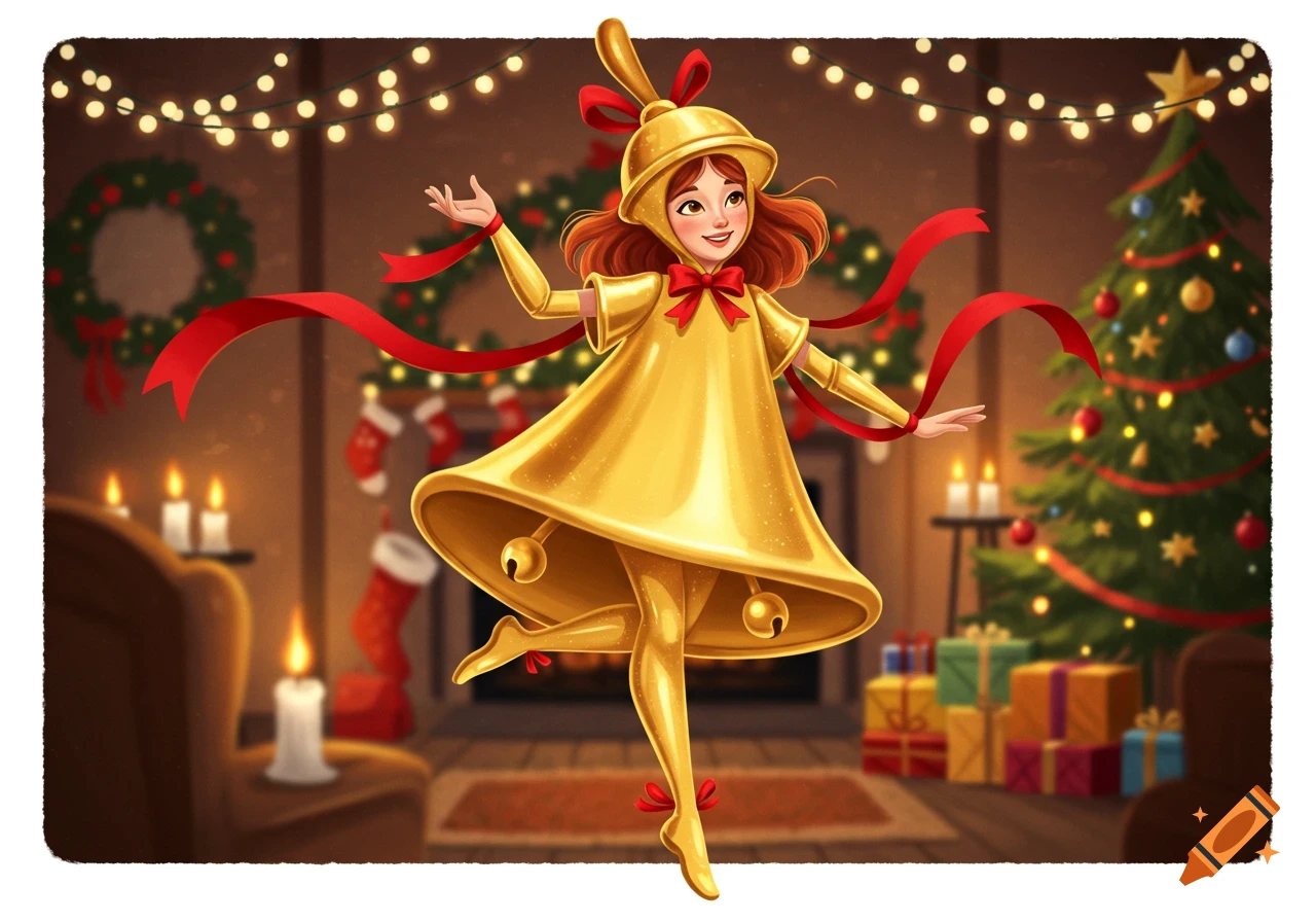 A smiling girl in a golden bell costume with red ribbons dances in a cozy, illuminated Christmas living room.