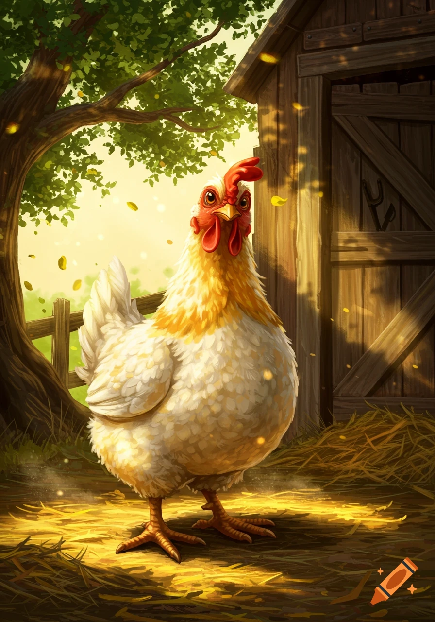 A white chicken with a red comb stands in a sunlit farmyard with a barn and tree in the background, digital art.