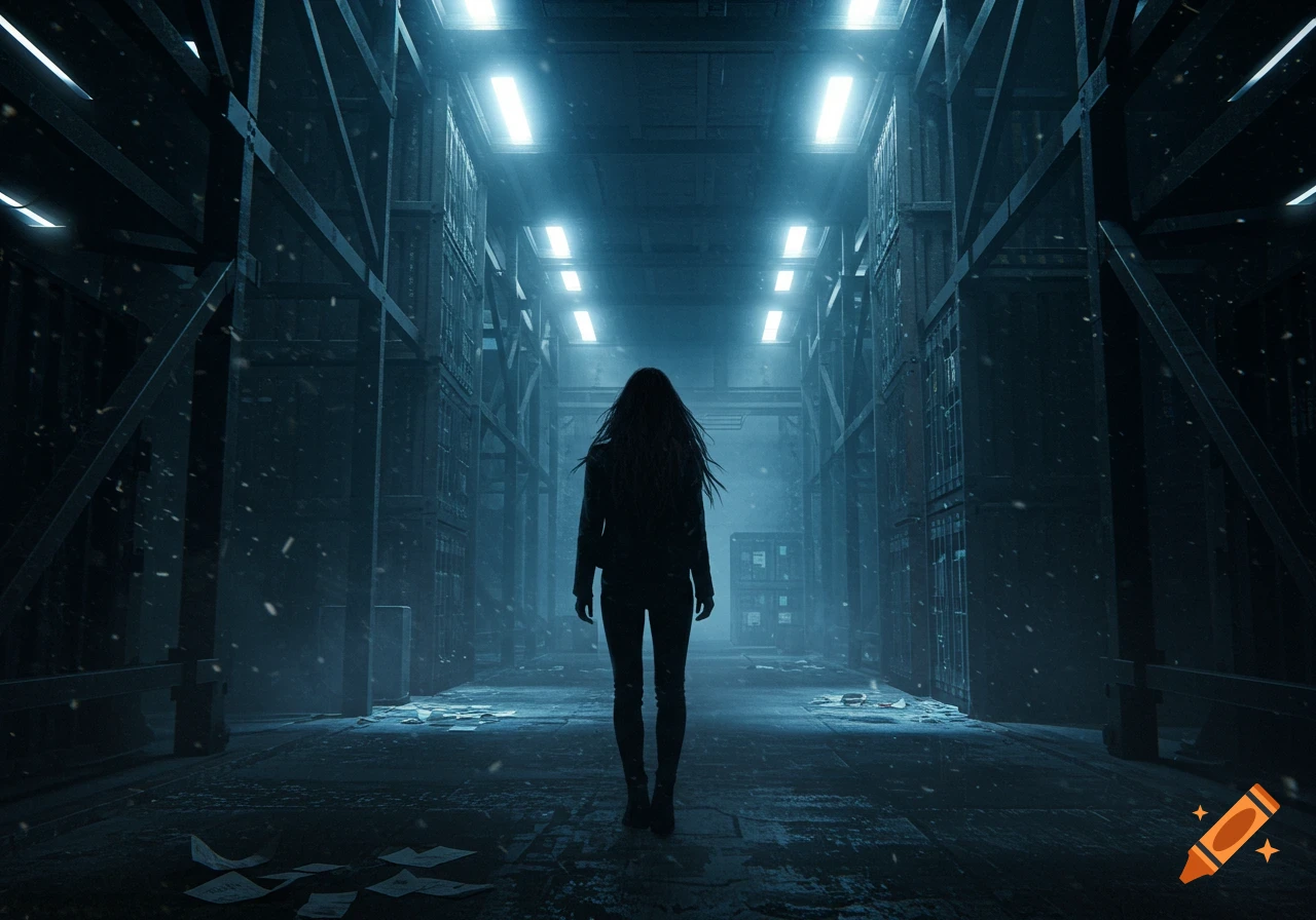 A silhouette of a woman with long dark hair stands in a dimly lit, atmospheric cargo hold under bright overhead lights.