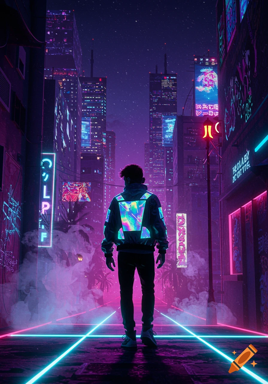 A person stands with their back to the viewer, looking down a neon-lit futuristic city street at night, with glowing blue and pink lines on the ground.