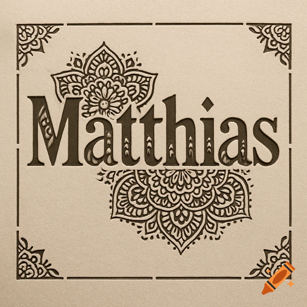 The name Matthias is embossed on a beige background, surrounded by intricate black mandala-style decorative patterns.