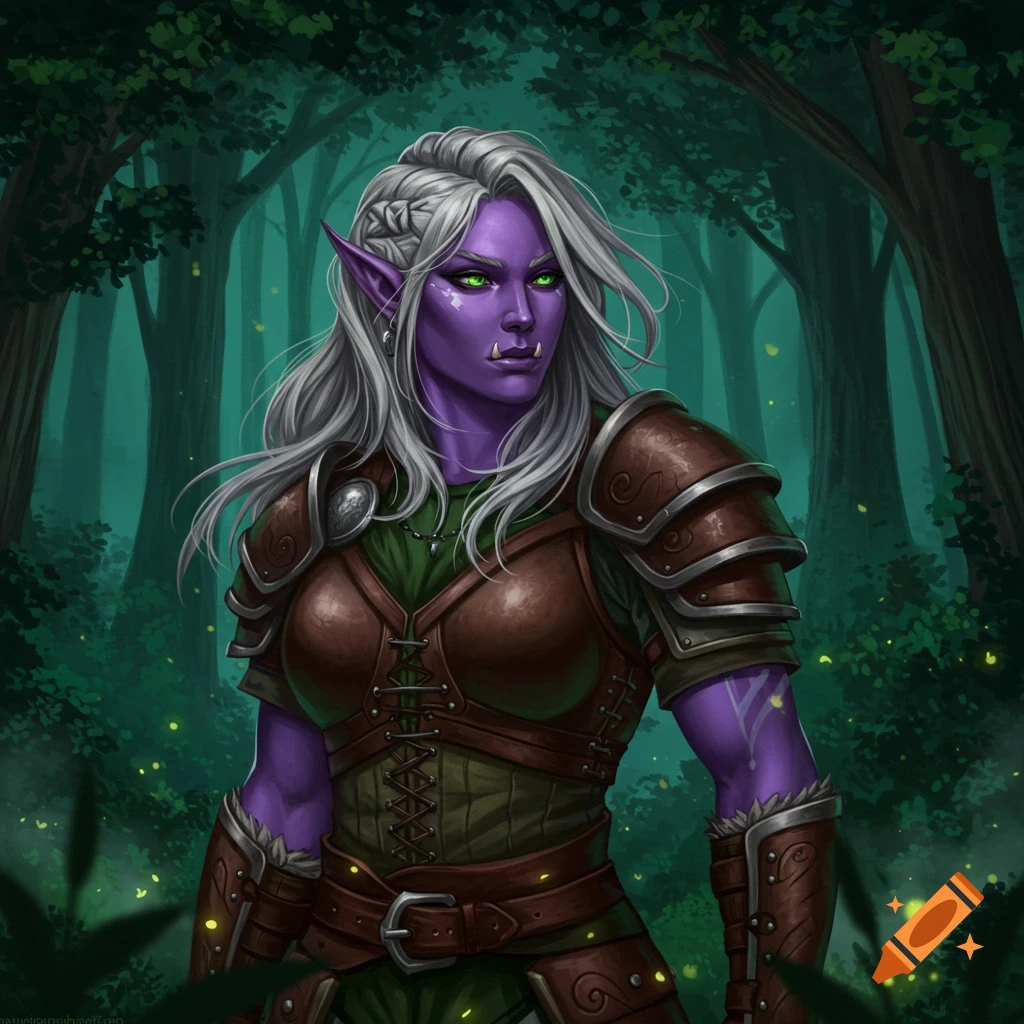 A female half-orc with purple skin, green eyes, and long grey hair, wearing brown armor, standing in a dark fantasy forest.