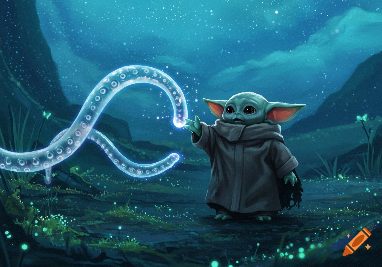 An illustration of Grogu from Star Wars reaching out to a glowing, translucent tentacle creature in a magical, starry night forest.
