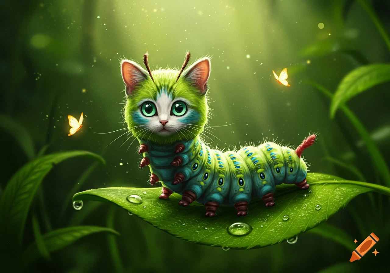 A cute, green cat-caterpillar hybrid with big eyes sits on a dewy leaf, with glowing butterflies in a lush forest background.