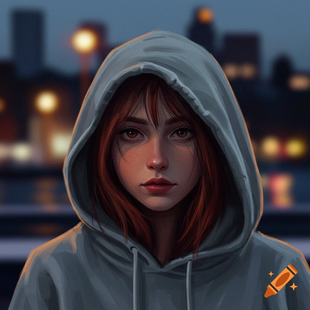 A digital art portrait of a young woman with reddish-brown hair peeking from under a grey hoodie, looking forward with a serious expression. A blurred cityscape at dusk is in the background.