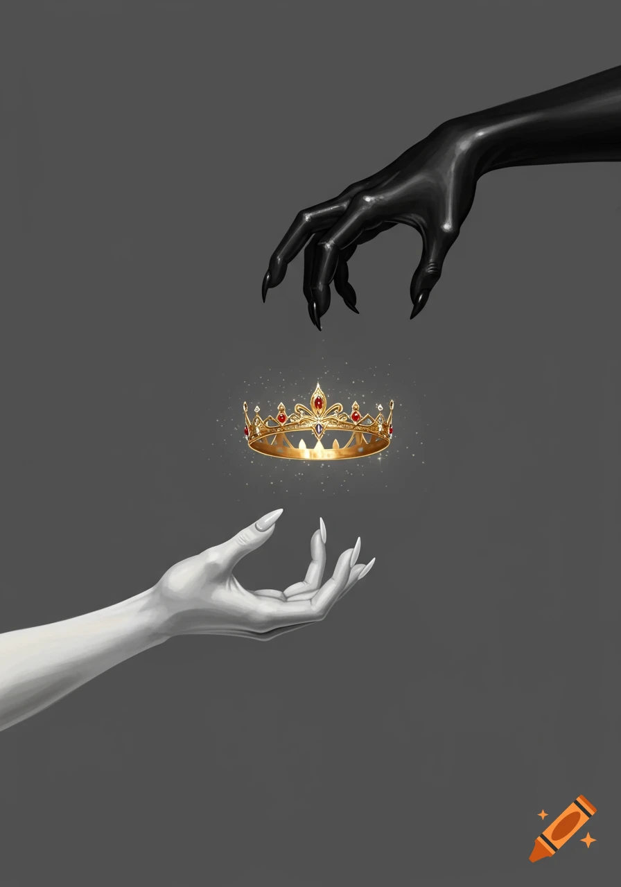 A dark, clawed hand reaches for a floating golden crown above a pale, manicured hand on a grey background.